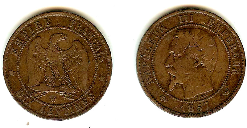 Dix centimes Napoléon III, tête nue 1857 Lille TB++